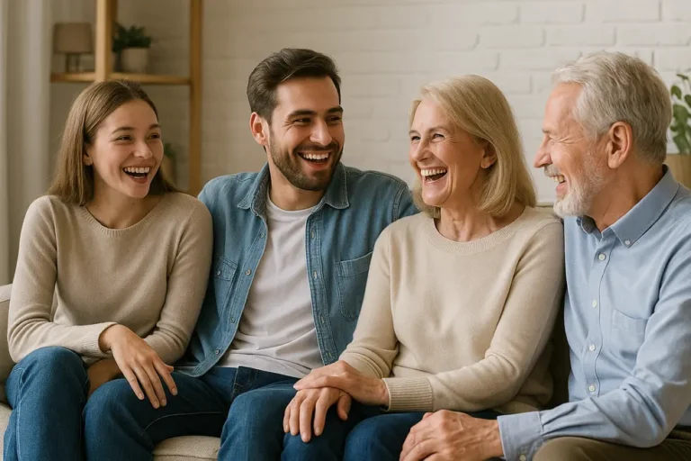 Grupa młodych ludzi siedzących na kanapie, rozmawiających i uśmiechających się, co wskazuje na pozytywne relacje.