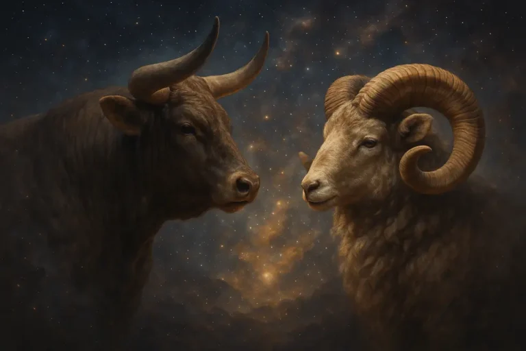 Bull and ram side by side in a cosmic setting, symbolizing the cusp of Taurus and Aries.