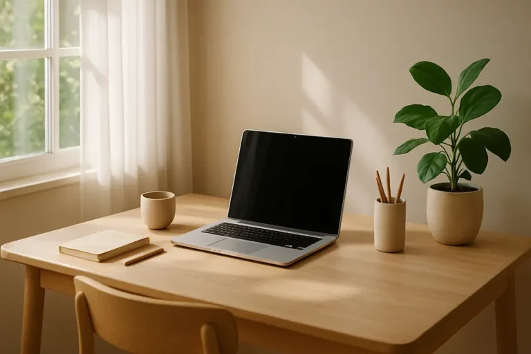 A tidy and calm workspace representing a simplified and organized life.
