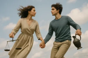 Waga i Wodnik tańczący w powietrzu, symbolizujący ich związki i harmonijne relacje.