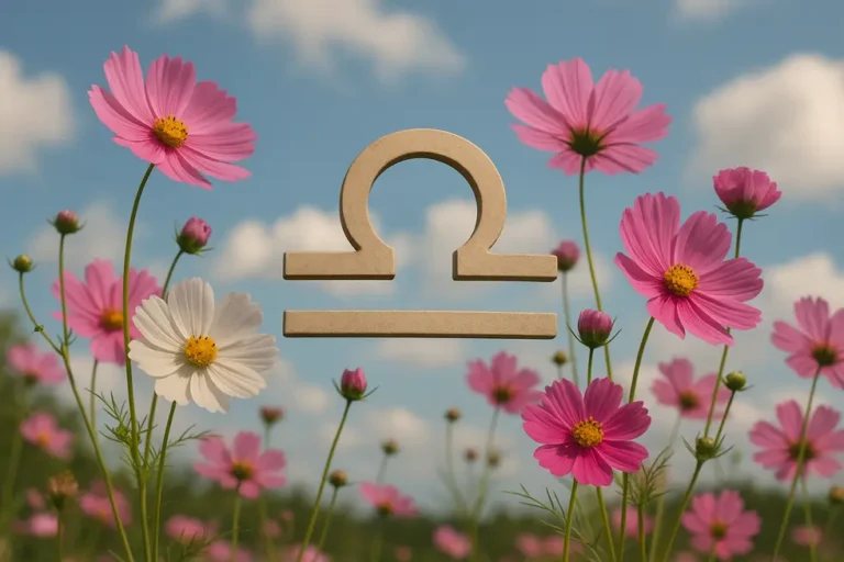 Illustration of Libra symbol entwined with nature elements, representing tranquility and balance.