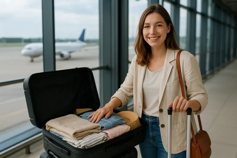 Kobieta z uśmiechem przy walizce, symbolizująca przygotowanie się do podróży.