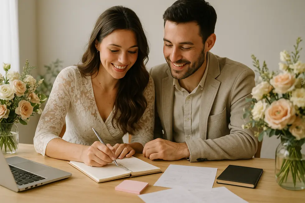Młoda para z uśmiechami na twarzach, wspólnie przy stole przegląda plany ślubu.