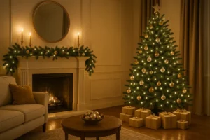Zdjęcie nowoczesnego wnętrza ozdobionego na Boże Narodzenie z choinką i świątecznymi akcentami.