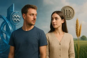 Obraz tłumaczący różnice między Wodnikiem a Panną poprzez symbole ich znaków.