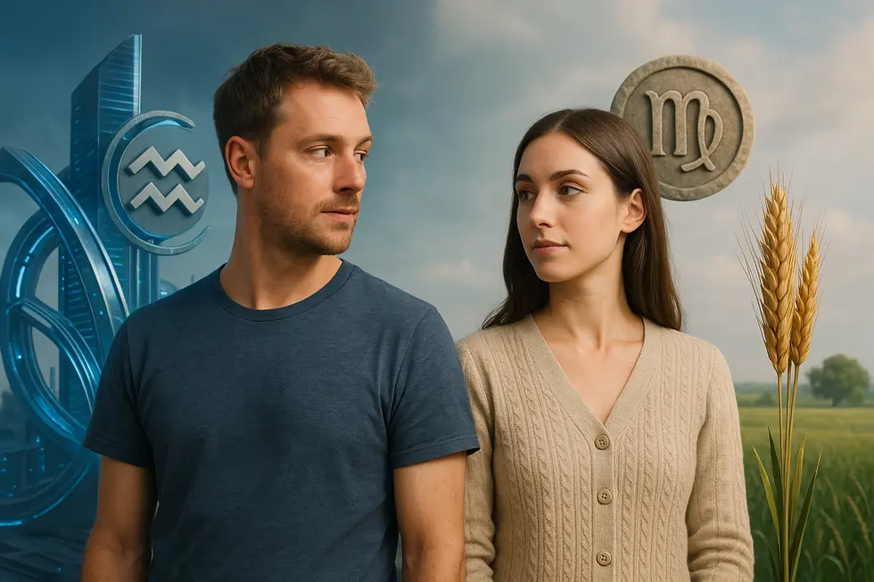 Obraz tłumaczący różnice między Wodnikiem a Panną poprzez symbole ich znaków.