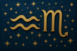 A celestial representation of the zodiac symbols of Aquarius and Scorpio, emphasizing their connection and contrasting qualities.