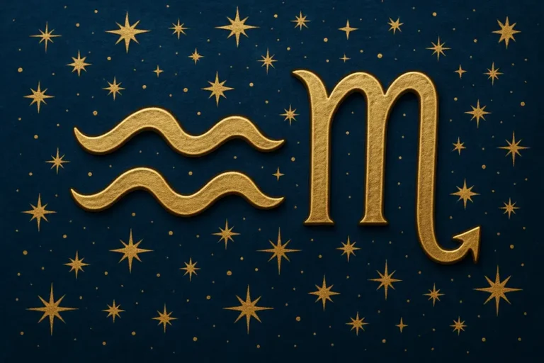 A celestial representation of the zodiac symbols of Aquarius and Scorpio, emphasizing their connection and contrasting qualities.