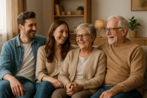 Rodzina w domowym otoczeniu, symbolizująca harmonię i radość wspólnego życia.