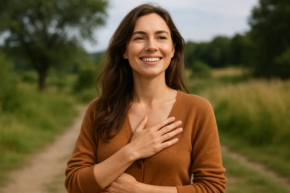 Kobieta z uśmiechem, świadoma swojej tożsamości w otoczeniu natury.