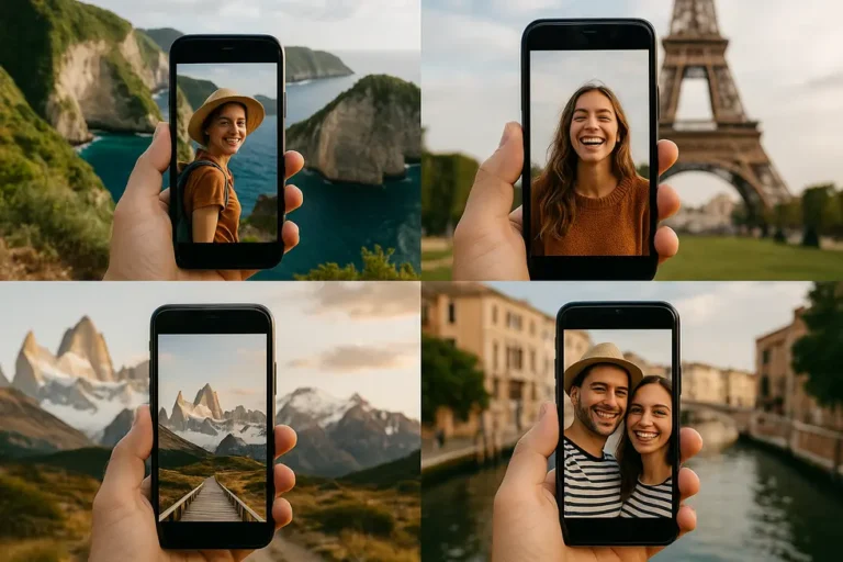 Kolaż zdjęć z podróży przedstawiający różnych ludzi i piękne krajobrazy.