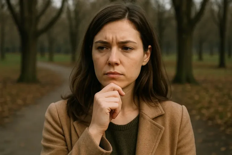 Zamyślona kobieta stojąca w parku, zastanawiająca się nad zdradą.