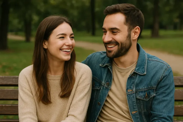 Para uśmiechnięta spędzająca czas w parku, co pokazuje zdrowy związek.