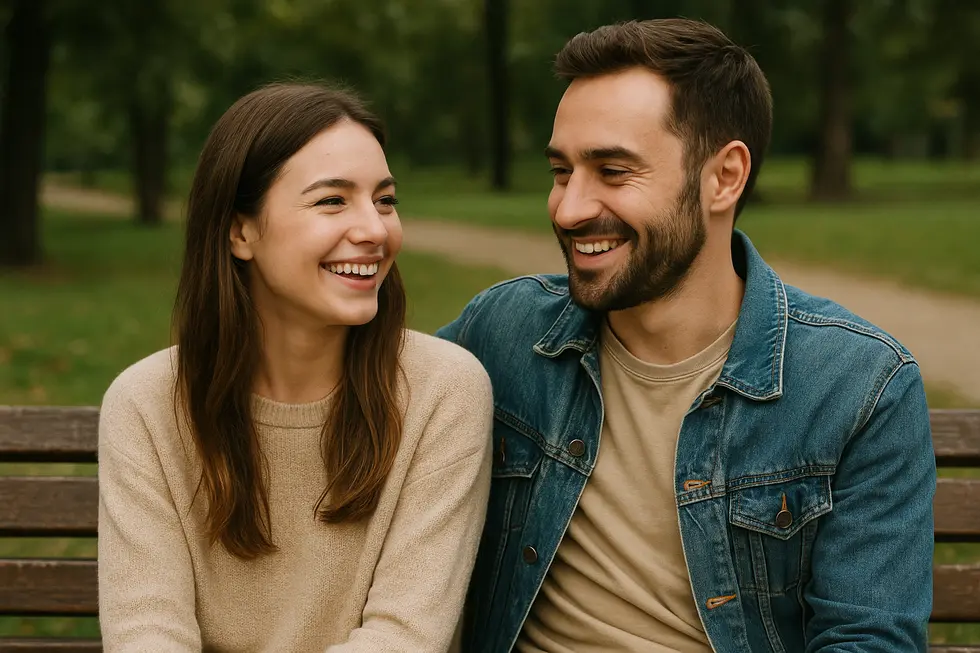 Para uśmiechnięta spędzająca czas w parku, co pokazuje zdrowy związek.