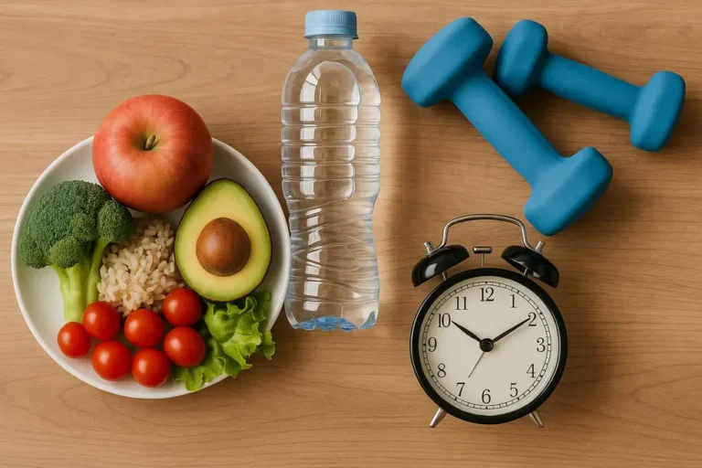 Ilustracja pokazująca zdrowe jedzenie, ćwiczenia, nawodnienie i sen jako kluczowe elementy zdrowego stylu życia.