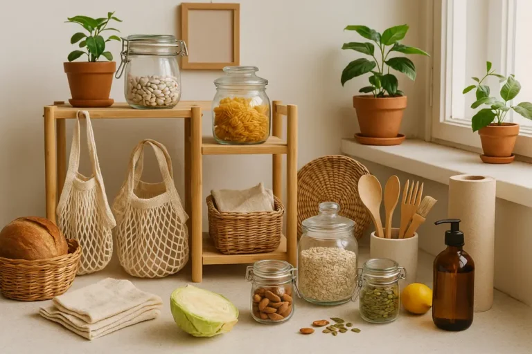 A colorful display of a sustainable home, highlighting eco-friendly practices and zero waste lifestyle.