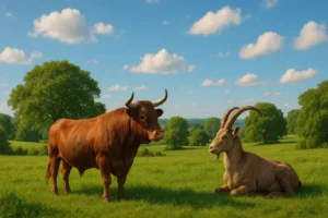 Zielony krajobraz z dwiema okazałymi roślinami, symbolizującymi związek Byka i Koziorożca.