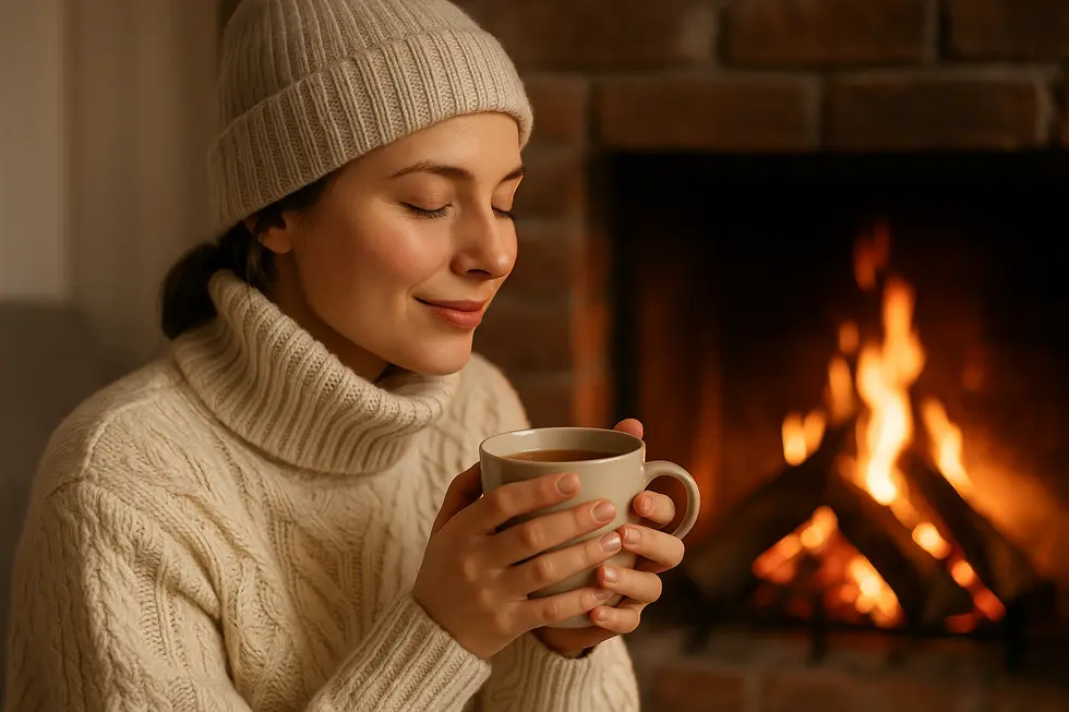 Kobieta relaksująca się z herbatą przy kominku w zimowy dzień.