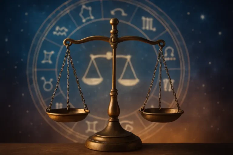 A visually striking depiction of the Libra scales against a cosmic background.
