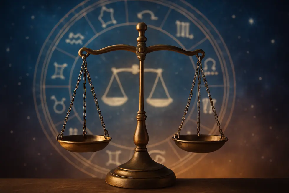 A visually striking depiction of the Libra scales against a cosmic background.