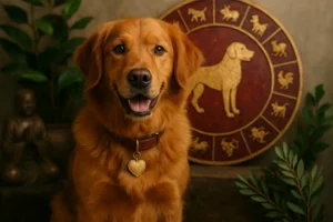 An artistic representation of the Dog zodiac sign in 2006, surrounded by symbols of loyalty and community.