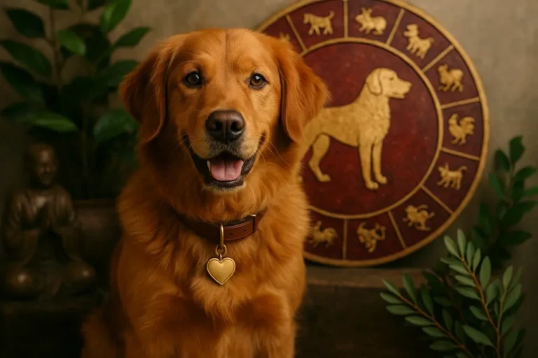 An artistic representation of the Dog zodiac sign in 2006, surrounded by symbols of loyalty and community.