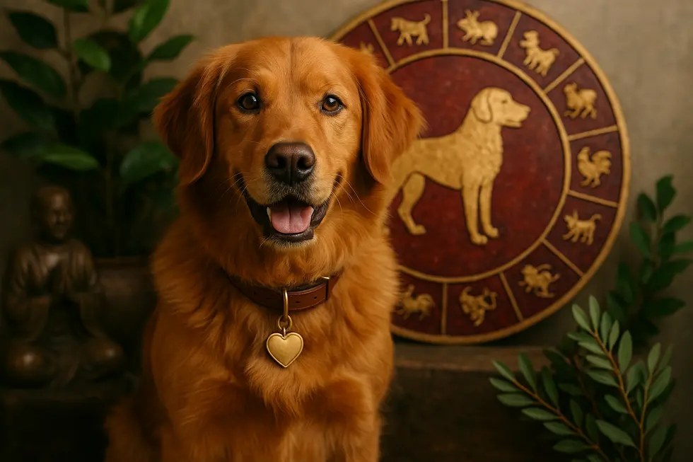 An artistic representation of the Dog zodiac sign in 2006, surrounded by symbols of loyalty and community.