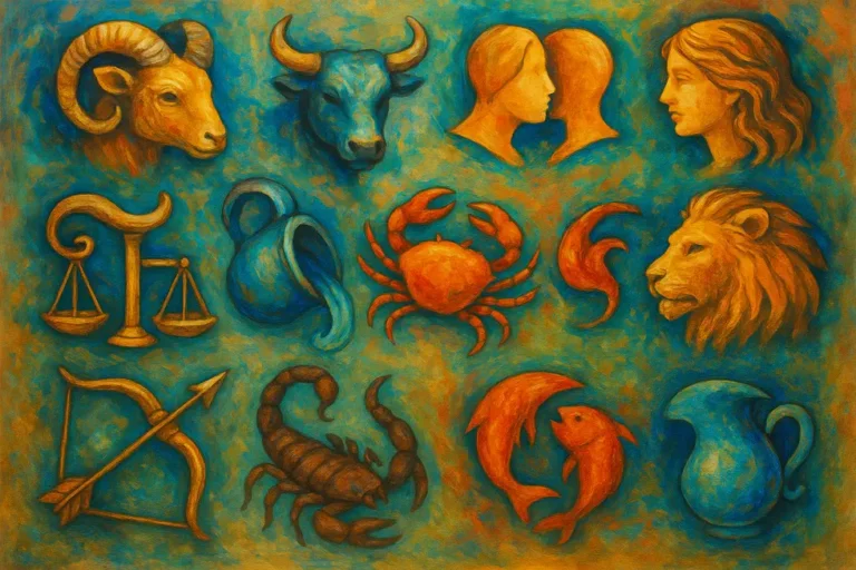 Ilustracja przedstawiająca wszystkie znaki zodiaku w kolorowej, artystycznej formie.