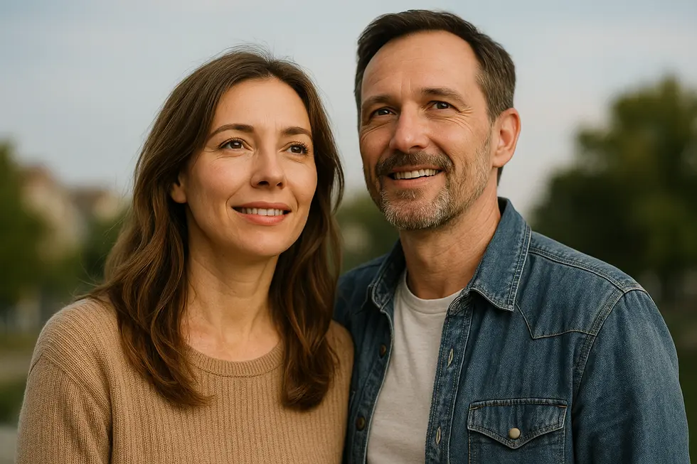 Kobieta i mężczyzna trzymają się za ręce, patrząc w dal z optymizmem.