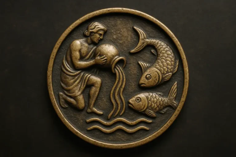 A colorful illustration of Aquarius and Pisces zodiac symbols joined together, capturing their essence.