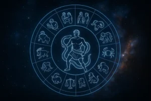 Widok nieba z symbolami znaków zodiaku i elementami Wężownika.