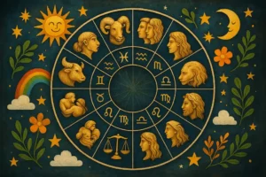 Artystyczna wizualizacja znaków zodiaku z pozytywnymi symbolami, podkreślająca znaczenie zdrowych relacji.