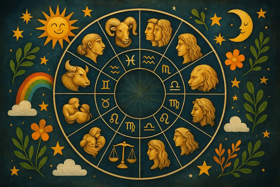 Artystyczna wizualizacja znaków zodiaku z pozytywnymi symbolami, podkreślająca znaczenie zdrowych relacji.