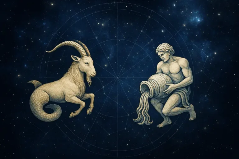 Artistic representation of Capricorn and Aquarius zodiac signs in a celestial setting.
