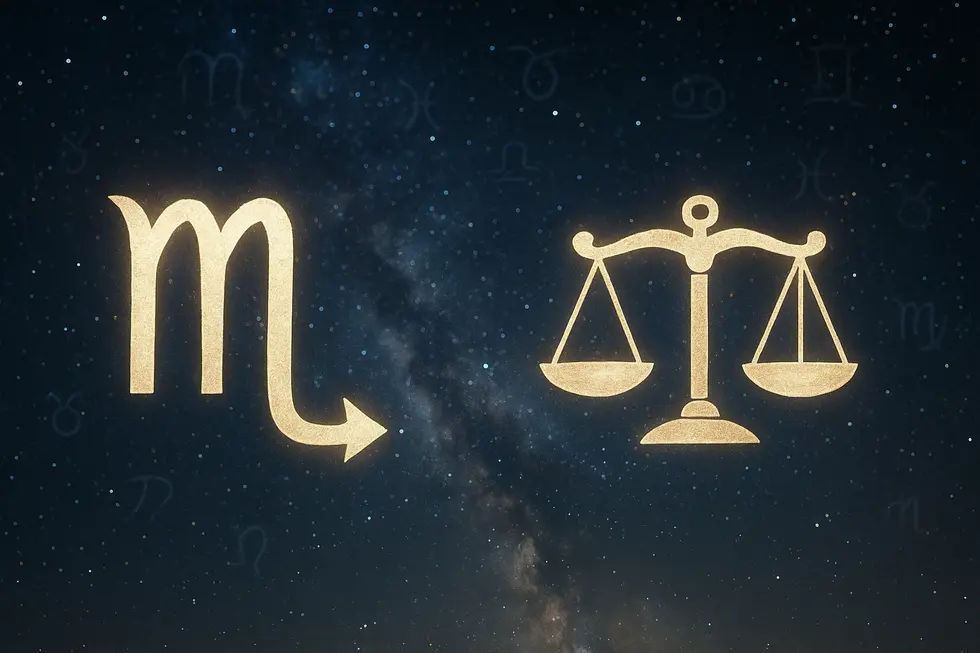 A collage of Scorpio and Libra zodiac symbols against a starry sky, representing their characteristics.