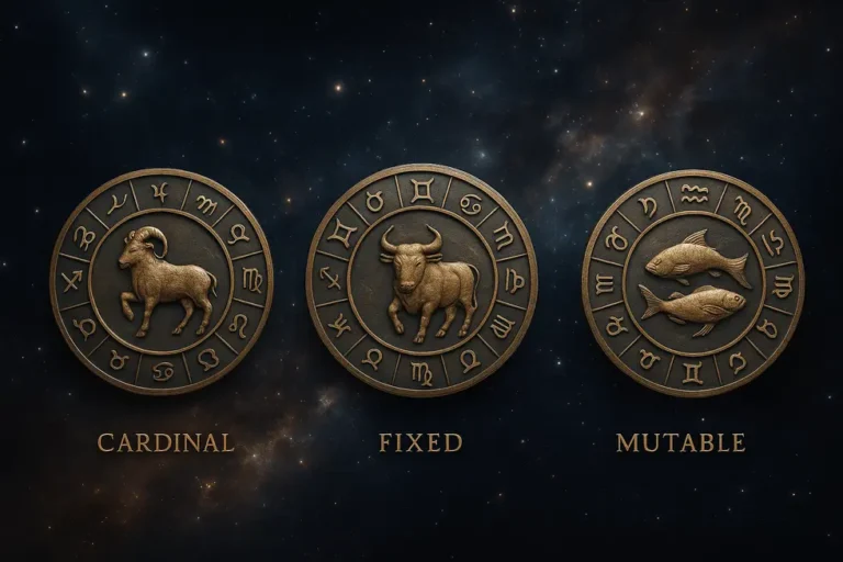 A cosmic representation showing the three qualities of zodiac signs: cardinal, fixed, and mutable.