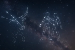A cosmic landscape featuring the constellations of Taurus and Gemini, symbolizing the relationship and transition between zodiac signs.