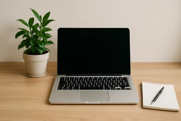 Estetyczne biurko z laptopem, rośliną i notatnikiem, symbolizujące harmonię i porządek.