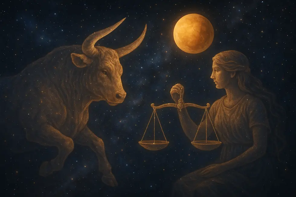 A cosmic scene depicting the Taurus and Libra relationship, symbolizing love governed by Venus.