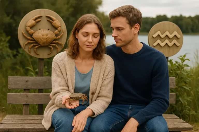 Symboliczny obraz Raka i Wodnika w harmonijnej scenerii.