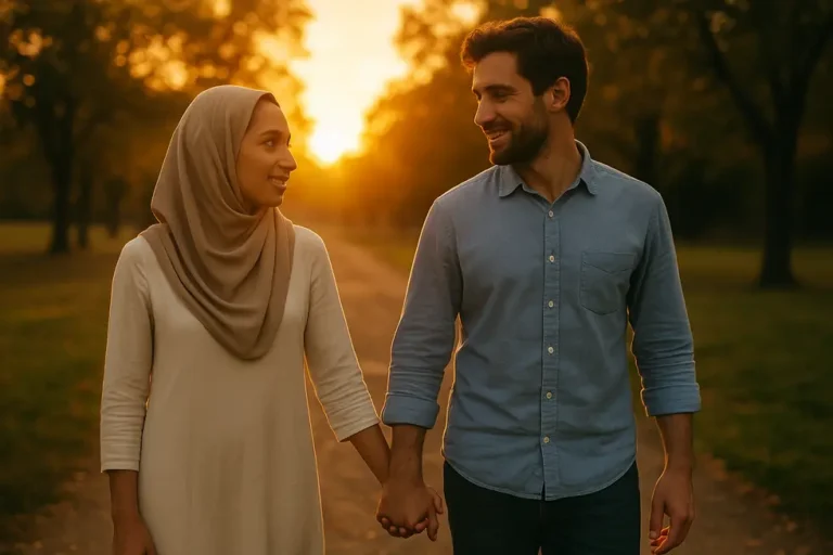 Dwoje ludzi z różnych tradycji religijnych trzymających się za ręce w romantycznej scenerii.