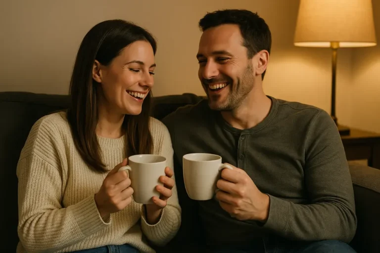 Kobieta i mężczyzna w intymnej atmosferze, cieszący się wspólnym czasem.