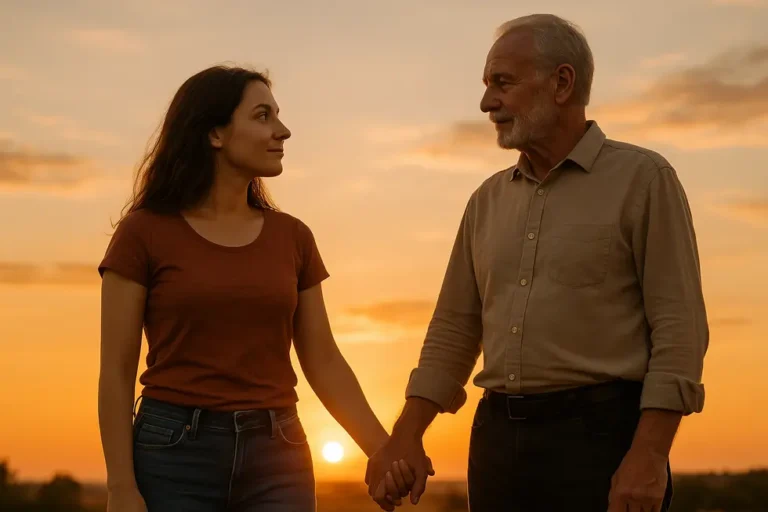 Młodsza i starsza para trzymająca się za ręce na tle zachodu słońca.