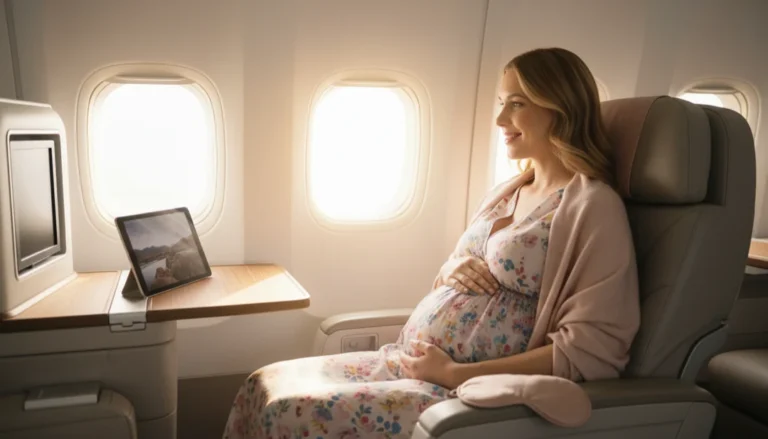 Szczęśliwa kobieta w ciąży siedząca komfortowo w fotelu samolotu przy oknie
