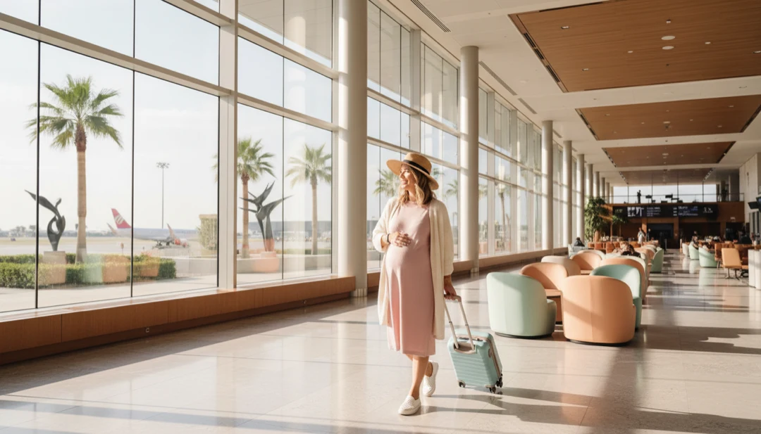 Kobieta w ciąży spacerująca przez terminal lotniska z walizką