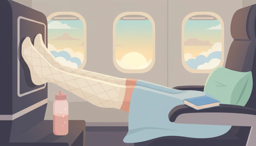 Nogi kobiety w ciąży w pończochach uciskowych podczas lotu samolotem