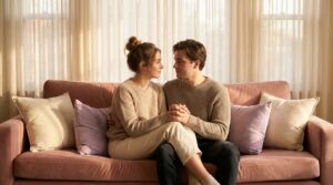 Lęk przed bliskością - para rozmawiająca na kanapie o uczuciach i emocjonalnej intymności