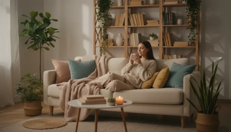 Pomysły na relaks po pracy - kobieta pijąca herbatę na wygodnej kanapie