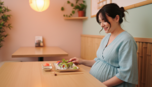 Kobieta w ciąży jedząca bezpieczne wegetariańskie sushi w restauracji japońskiej