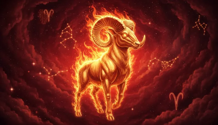 Baran znak zodiaku symbol złotego barana na tle ognistego kosmicznego nieba z gwiazdami i konstelacjami w czerwonych i złotych kolorach